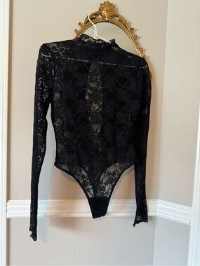 Urban Outfitters Black Floral Lace Long-Sleeve Bodysuit